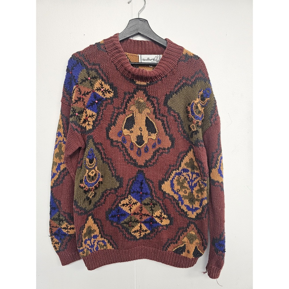 Needleworks Sweater Womens Small Brown Geometric Beaded Embroidered Knit Boho